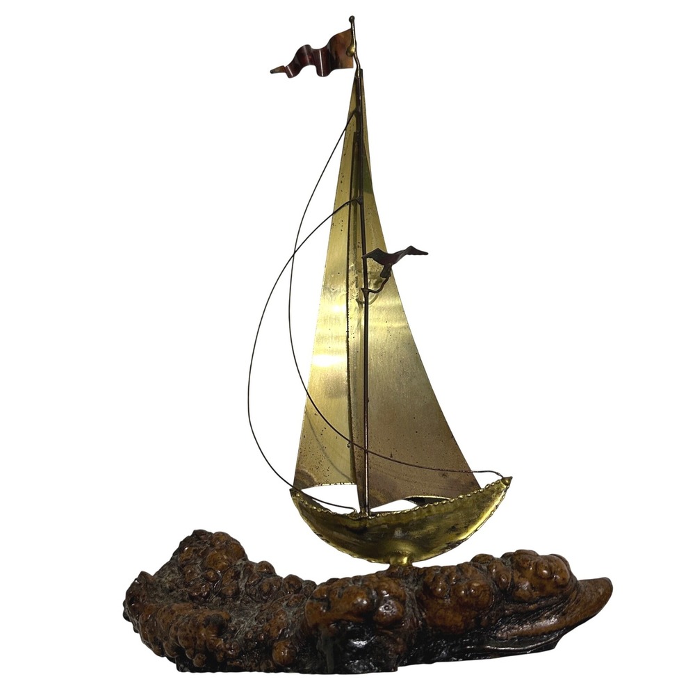 Vintage Brass Sailboat MCM Burl Wood Base Brutalist Nautical Art‎ 14" x 10" x 4"